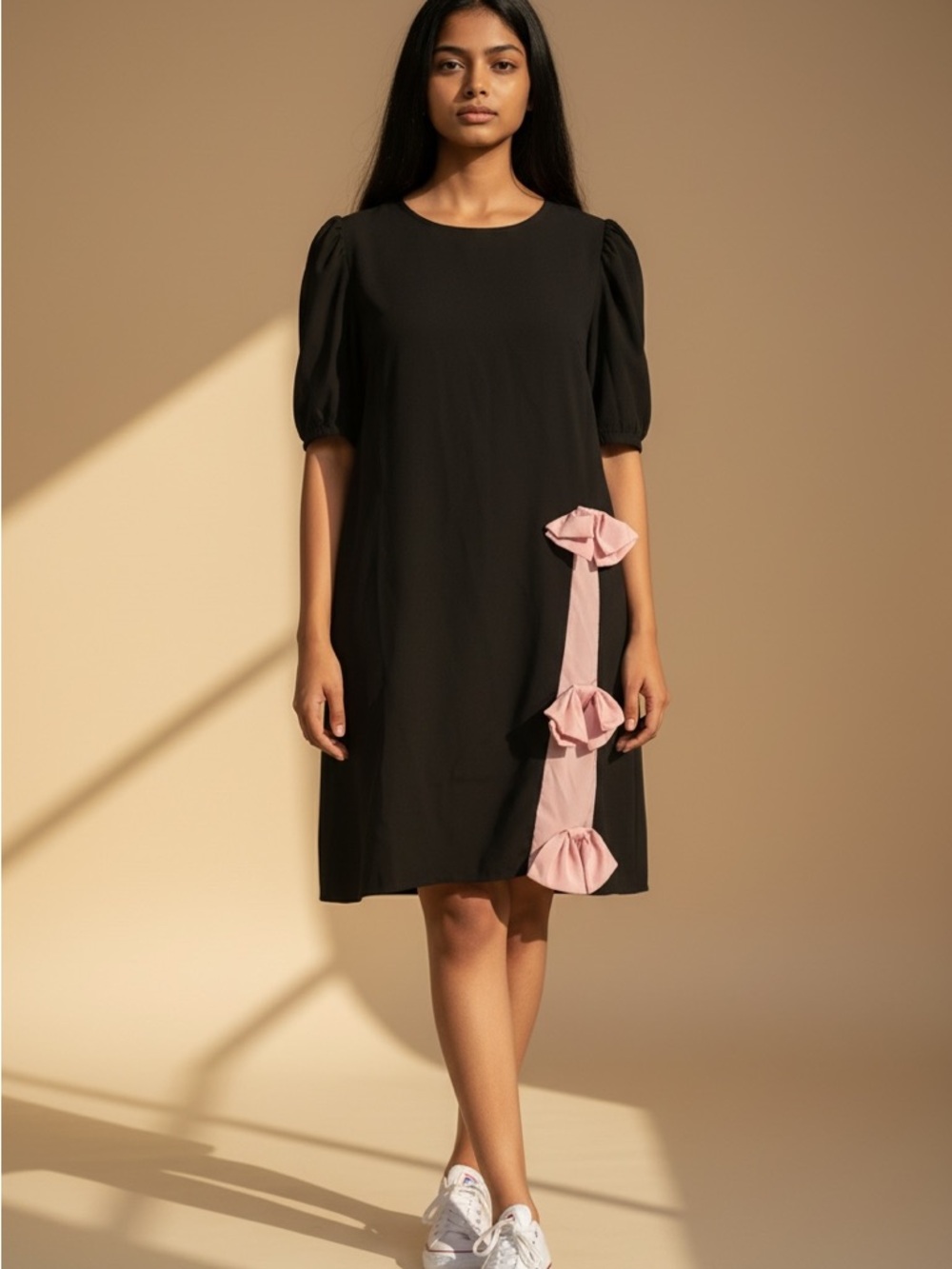 SHEIN Black Mini Dress with Pink Ribbon Accents